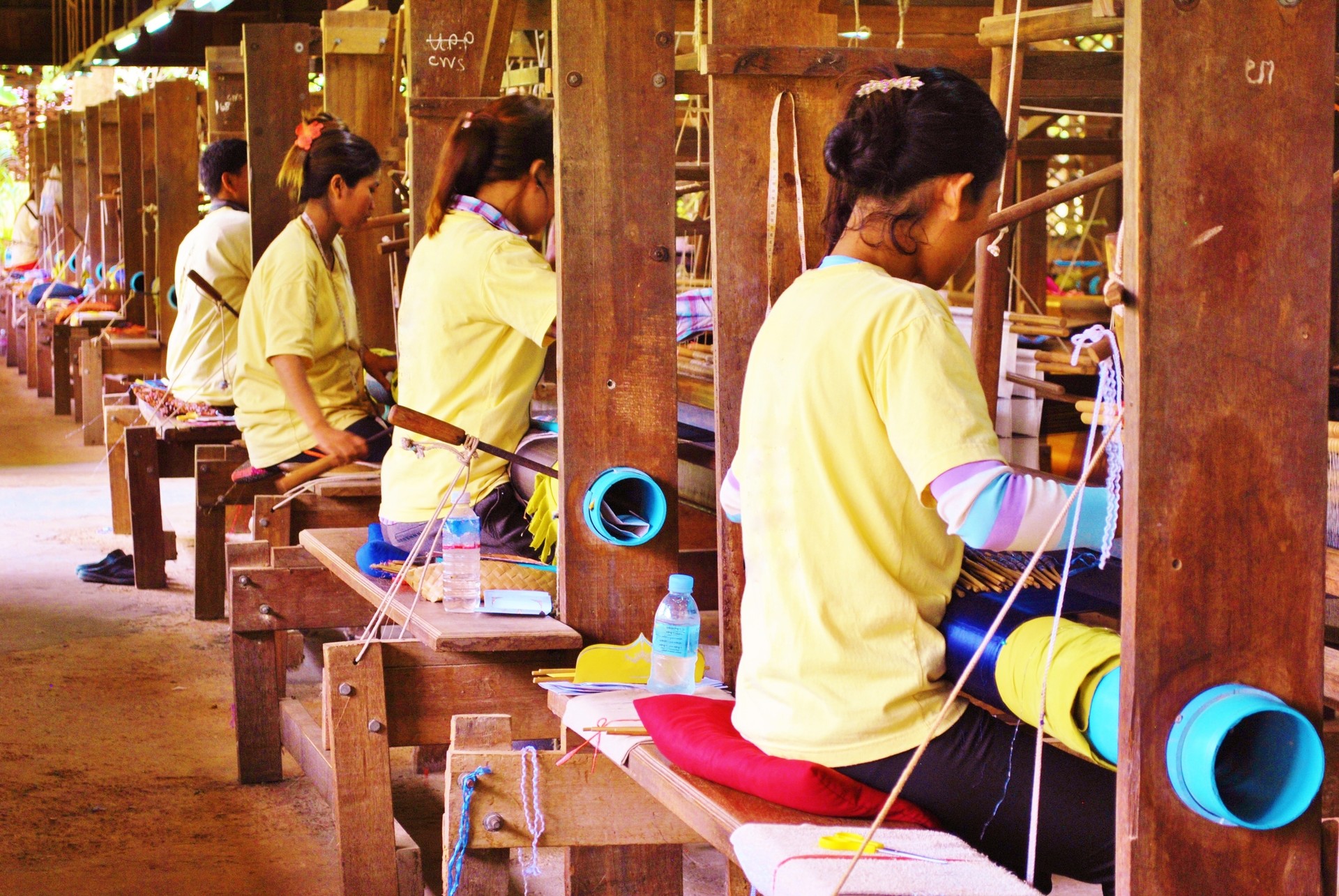 Women Weaving Silk On Traditional Looms, Cambodia